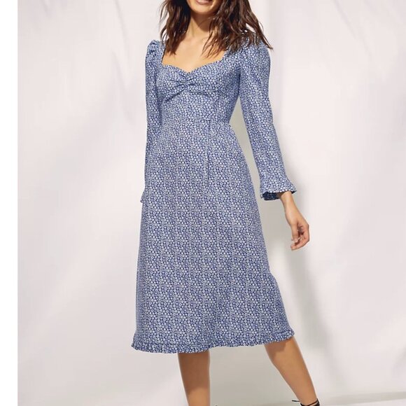Aritzia Wilfred Polly Blue w White Floral Print Midi Dress - Picture 1 of 15